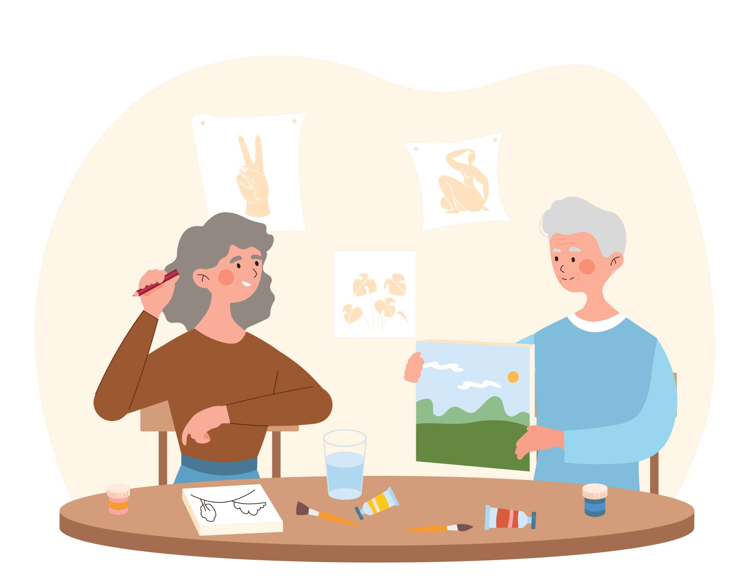 Younger person painting with elderly person